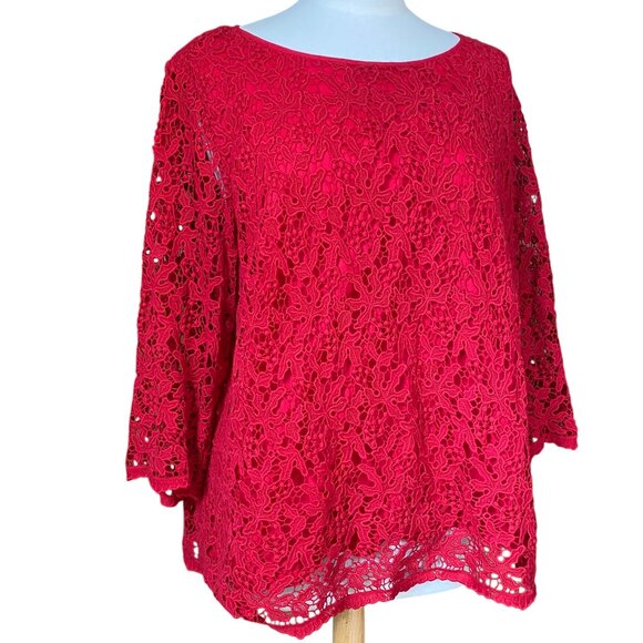 Talbots Tops - Talbots Red Scroll Floral Lace Overlay Top 3/4 Sleeve Scalloped Whimsigoth-18W